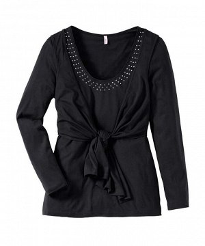 1r Блузка, черная Sheego Образ 2 в 1. Модная провоцирующая блузка с элементом в виде болеро. Удобные длинные рукава. Эффектное декольте со стразами. Длина в зависимости от размера от 70 до 78 см. Мягк