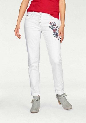 1r Джинсы, 31 дюйм, белые H.I.S. Модные джинсы с 5 карманами сверкающего белого цвета с цветочной вышивкой сбоку. Подчеркивающая фигуру форма с узкими штанинами, вшитым поясом со шлевками и застежкой 