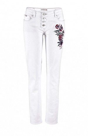 1r Джинсы, 31 дюйм, белые H.I.S. Модные джинсы с 5 карманами сверкающего белого цвета с цветочной вышивкой сбоку. Подчеркивающая фигуру форма с узкими штанинами, вшитым поясом со шлевками и застежкой 
