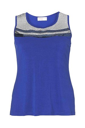 1r Топ, сине-серебристый Sheego Небрежный образ с модными деталями. Экстравагантная блузка со сверкающей аппликацией блестками на вырезе. Слегка расклешенная флома. Длина в зависимости от размера от 6