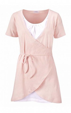 1r Блузка 2 в 1, розово-белая CORLEY Благородная блузка и образ 2 в 1. Дизайн под запах на завязках. Контрастная вставка. Круглый вырез горловины и женственные драпировки. Короткие рукава. Обрамляющая