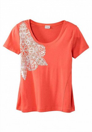 1r Блузка, оранжевая Sheego Изысканный дизайн. Летняя блузка с блестящим фольгированным рисунком. Длина в зависимости от размера от 66 до 76 см. Мягкий эластичный трикотаж из 100% хлопка.