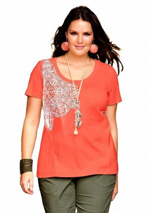 1r Блузка, оранжевая Sheego Изысканный дизайн. Летняя блузка с блестящим фольгированным рисунком. Длина в зависимости от размера от 66 до 76 см. Мягкий эластичный трикотаж из 100% хлопка.