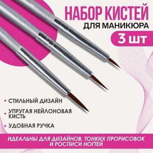 Набор кистей для дизайна ногтей, 3 шт, 16,5 см, цвет серебристый