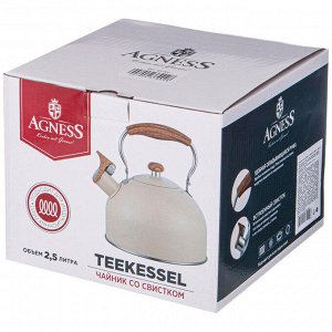 Чайник AGNESS Premium 2,5 л со свистком и складной ручкой Soft Touch, нержавеющая сталь, для всех плит (включая индукцию), 1 шт.