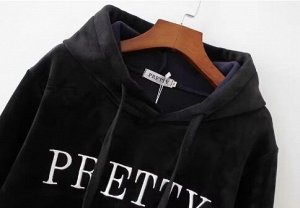 Костюм велюровый утепленный на флисе: толстовка с капюшоном + джоггеры, черный