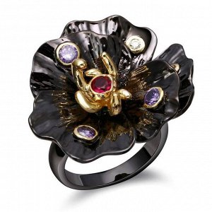 Кольцо 'Черное золото' цветок с малиновым, белыми и фиолетовыми цирконами