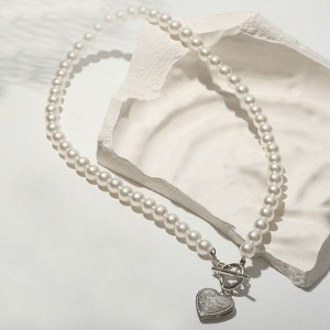 Колье «Жемчуг» сердце, шар №8, белое в серебре, L= 45 см