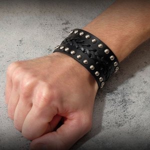 Браслет кожа «Минимал» плетение, цвет чёрный с серебром, 23 см