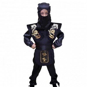 Карнавальный костюм "Ниндзя", черный, маска, рубашка, накидка, штаны, пояс, рост 110 см