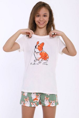 Пижама для девочки Корги на зеленом арт. ПД-023-062