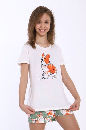 Пижама для девочки Корги на зеленом арт. ПД-023-062
