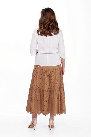 Комплект Комплект TEZA 184 бело-коричневый 
Состав ткани:Блуза: Хлопок-96%; Эластан-4%; Юбка: Хлопок-100%; 
Рост: 164 см.

Комплект женский двухпредметный состоит из блузки и юбки. Блузка прямого сил