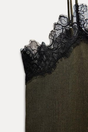 Топ Цвет как на первом фото КРУЖЕВНОЙ ТОП – КОЛЛЕКЦИЯ ZW (SPITZENTOP – ZW COLLECTION) ZARA ЖЕНСКАЯ КОЛЛЕКЦИЯ Топ выполнен из пряжи с содержанием шерсти 21%. V-образный вырез и узкие бретели. Контрастн
