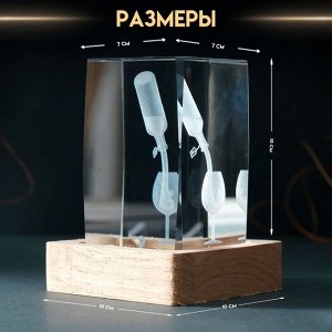 Фигурка светящаяся стекло «Прямоугольник. Бокал и вино», подставка дерево, USB, 7x7x10