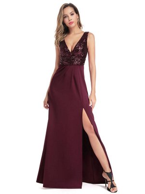 Шикарное вечернее бордовое платье с блестящим топом и разрезом