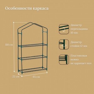 Стеллаж для рассады, 3 полки, 110x22x65 см, металлический каркас d=12 мм, без чехла, Greengo