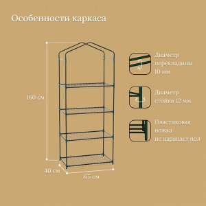 Стеллаж для рассады, 4 полки, 160?40?65 см, металлический каркас d=12 мм, без чехла, Greengo