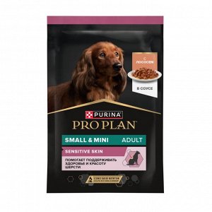 Влажный корм PRO PLAN® для взрослых собак мелких и карликовых пород с чувствительной кожей, с лососем в соусе, 85 г