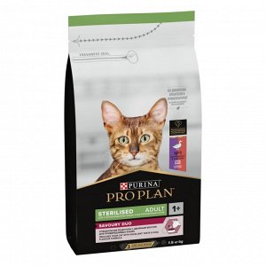 Сухой корм PRO PLAN® Sterilised SAVOURY DUO с двойным вкусом для взрослых стерилизованных привередливых кошек, с уткой и с печенью, 1.5 кг