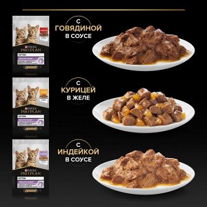 Влажный корм PRO PLAN® HEALTHY START для котят, с говядиной в соусе, с индейкой в соусе и с курицей в желе 85 г х 10 шт.