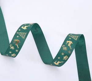 Лента зеленая с оленями,  2,5 см*5 м