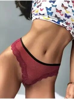 Кружевные стринги с сердечком бордовые