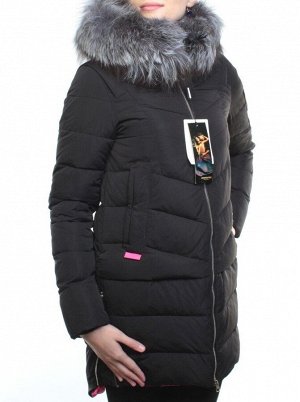 163-096 BLACK Пальто зимнее женское (холлофайбер, натуральный мех чернобурки)