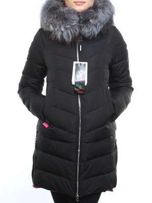163-096 BLACK Пальто зимнее женское (холлофайбер, натуральный мех чернобурки)