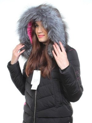 163-096 BLACK Пальто зимнее женское (холлофайбер, натуральный мех чернобурки)