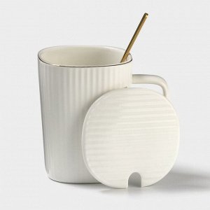 Кружка Simple, 320 мл, 14,5x10,5x8,5 см, с крышкой и ложкой, керамика, белая