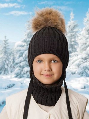 Шапка с помпоном на завязках со снудом детская Amarobaby Pure Love Snow вязаная, черный