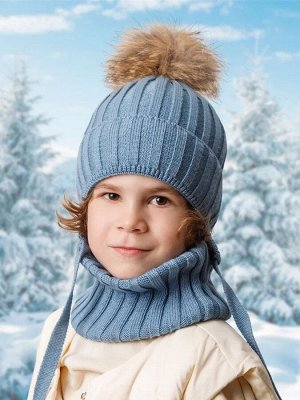 Шапка с помпоном на завязках со снудом детская Amarobaby Pure Love Snow вязаная, голубой