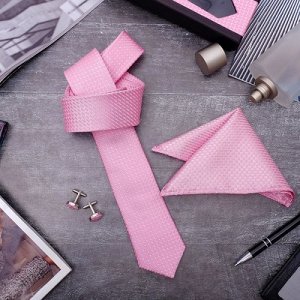 Набор мужской "Элит" галстук 145*5см, платок, запонки, клетка мелкая, цвет розовый