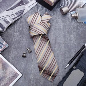 Набор мужской "Стиль" галстук 145*5см, запонки, полоски, цвет серо-коричневый