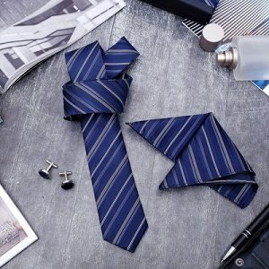 Набор мужской "Элит" галстук 145*5см, платок, запонки, полоски, цвет сине-серебристый