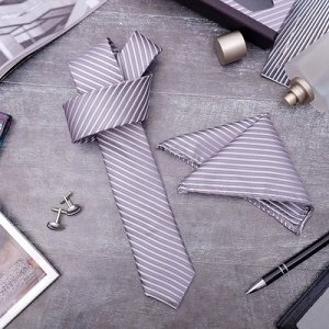 Набор мужской "Элит" галстук 145*5см, платок, запонки, полосы тонкие, цвет серый
