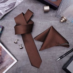 Набор мужской "Элит" галстук 145*5см, платок, запонки, клетка мелкая, цвет коричневый