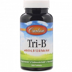 Carlson Labs, Tri-B, комплекс с витаминами B6, B12 и фолиевой кислотой, 360 таблеток
