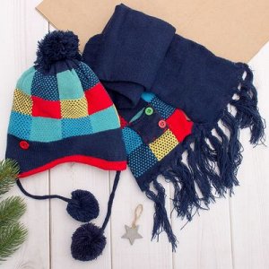 Комплект утеплённый для мальчика "Клеточка" (шапка, шарф), р-р 50, цв. тёмно-синий