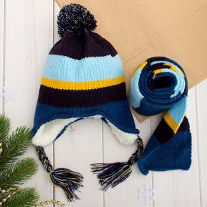 Комплект утеплённый для мальчика "Классика" (шапка, шарф), р-р 50, цв. тёмно-синий/горчичный 24767