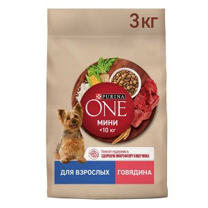 Purina One Мини сухой корм для взрослых собак мелких пород, с высоким содержанием говядины и рисом 3 кг