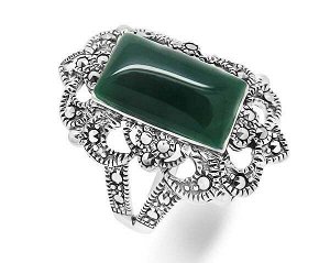 Кольцо из серебра зеленый агат, марказит, SL-AGA27