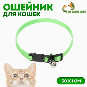 Ошейник кошачий с бубенчиком, 30 х 1 см, полиэстер, зелёный