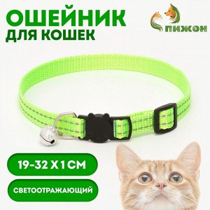 Ошейник кошачий светоотражающий, с серебряным бубенчиком, 19-32 х 1 см, зелёный