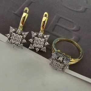 Комплект ювелирной бижутерии Итальянское золото (покрытие желтое 14к), серьги и кольцо, вставка: фианиты, цвет: прозрачный, р-р 18, арт. 217.090-18