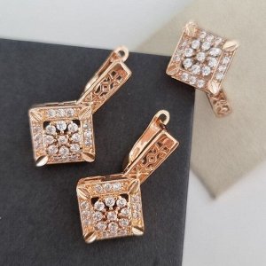 Комплект ювелирной бижутерии Дубайское золото серьги и кольцо, покрытие позолота, вставка: фианиты, р-р 17, 094, арт. 216.003-17
