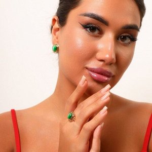 Комплект украшений ювелирная бижутерия Дубайское золото серьги и кольцо, покрытие позолота, вставка: камень кошачий глаз, цвет: зеленый, р р 19, арт.215.063-19