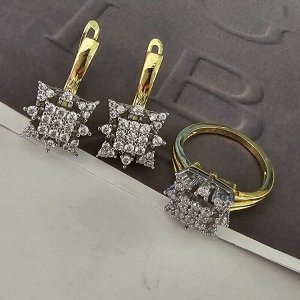 Комплект ювелирной бижутерии Итальянское золото (покрытие желтое 14к), серьги и кольцо, вставка: фианиты, цвет: прозрачный, р-р 19, арт. 217.090-19