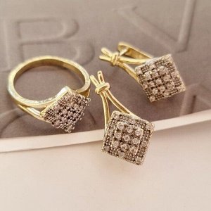 Комплект ювелирной бижутерии Итальянское золото (покрытие желтое 14к), серьги и кольцо, вставка: фианиты, цвет: прозрачный, р-р 19, арт. 217.084-19